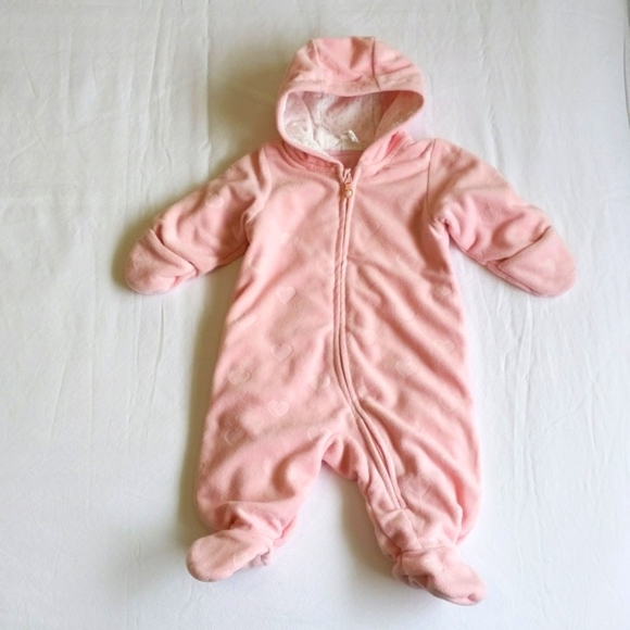h&m jersey lined pink hearts fleece bunting suit with zipper & mitts 2-4 months - Picture 1 of 8